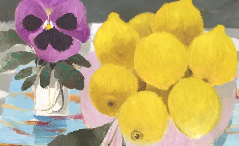 Mary Fedding oil painting of pansies and lemons